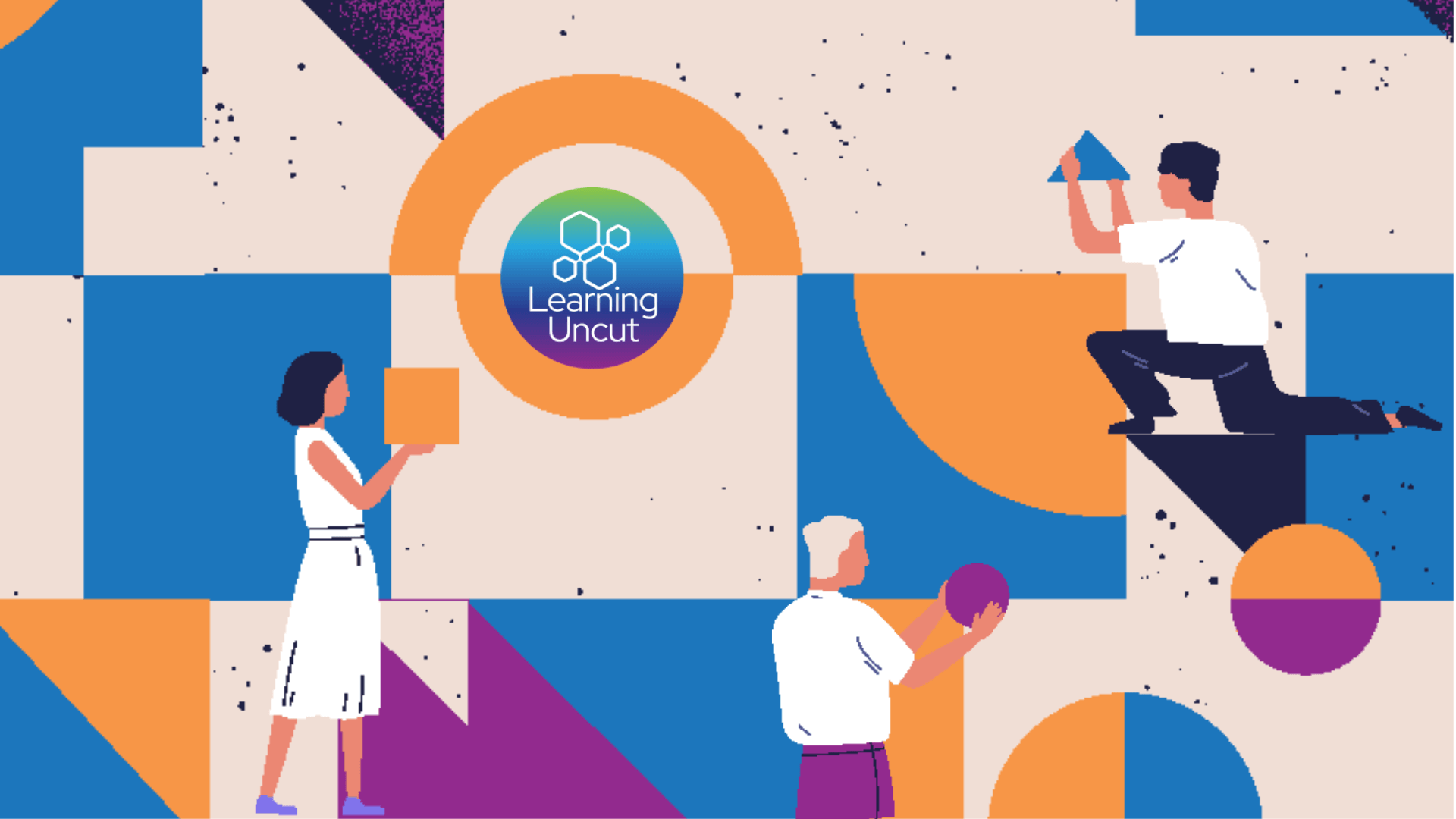 Illustration of people placing shapes around the Learning Uncut logo